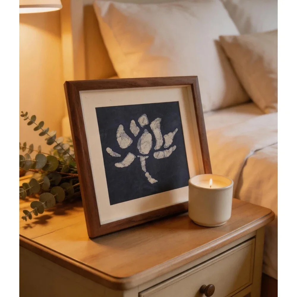 Lotus Textile Wall Art | Handmade Indigo Batik Art | Botanical Zen Home Decor |T